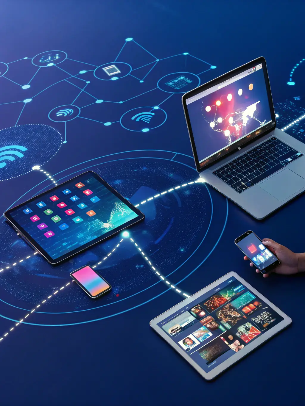 A visual representation of multiple devices (smartphones, tablets, laptops) seamlessly connected, illustrating LALLEMTECH's omnichannel optimization service.