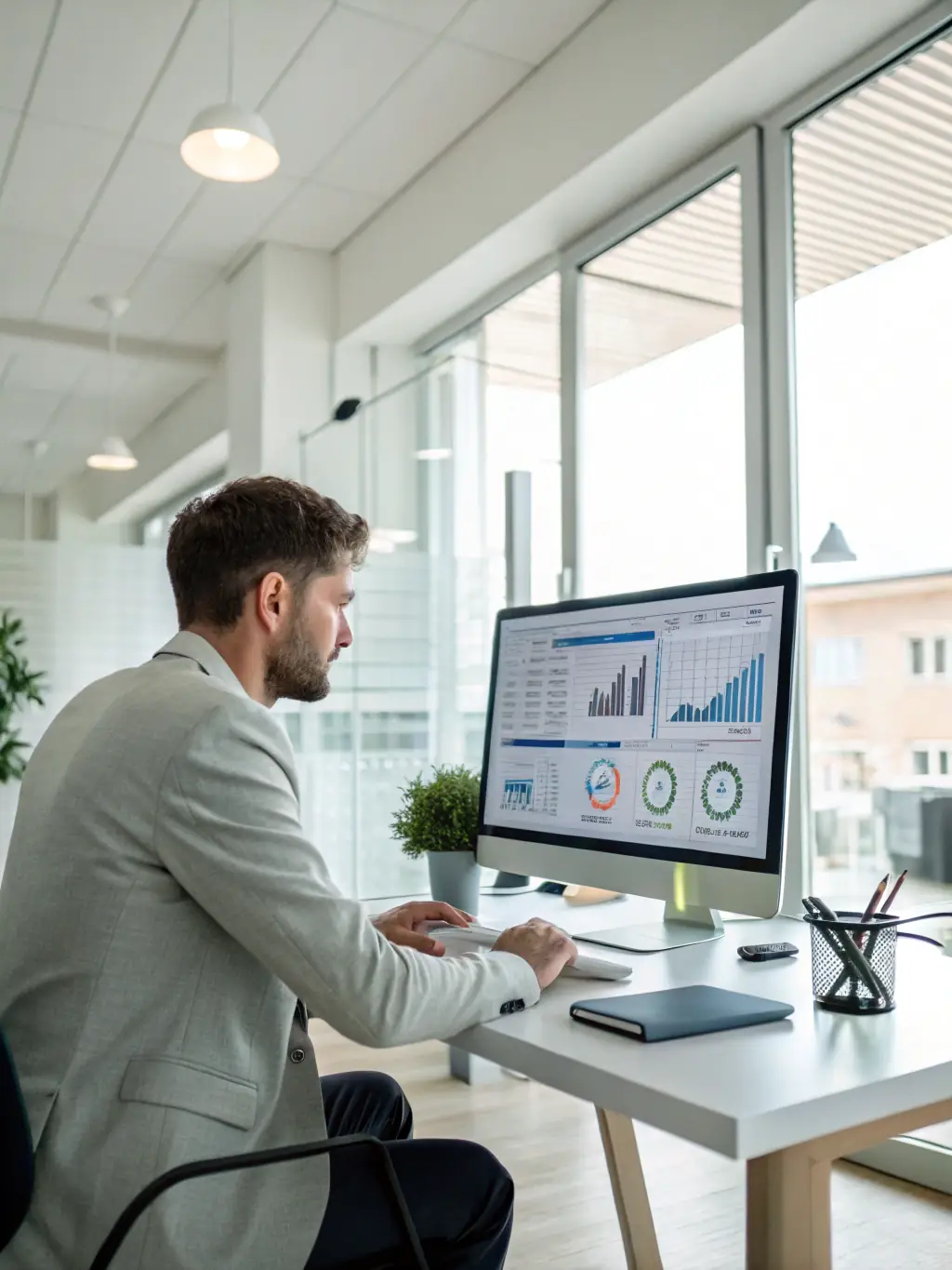 A professional photograph of a data analyst working with complex data visualizations on multiple screens, highlighting the depth and detail of LALLEMTECH LTD's data analysis capabilities.