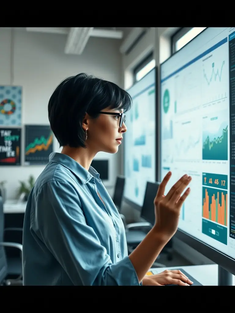 A professional photo of a data analyst working with complex data visualizations on multiple monitors, highlighting the depth and sophistication of LALLEMTECH's data analysis capabilities.